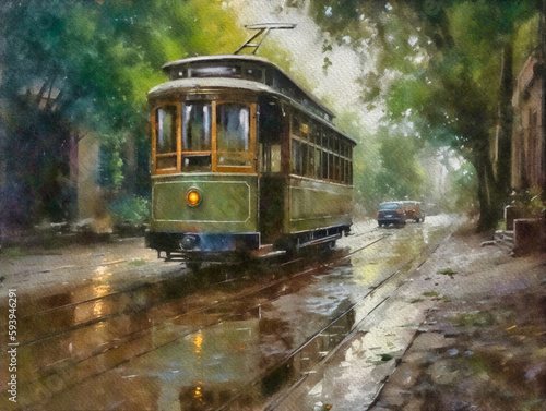 Old tram in the city. Fine art, watercolor paintings landscape.