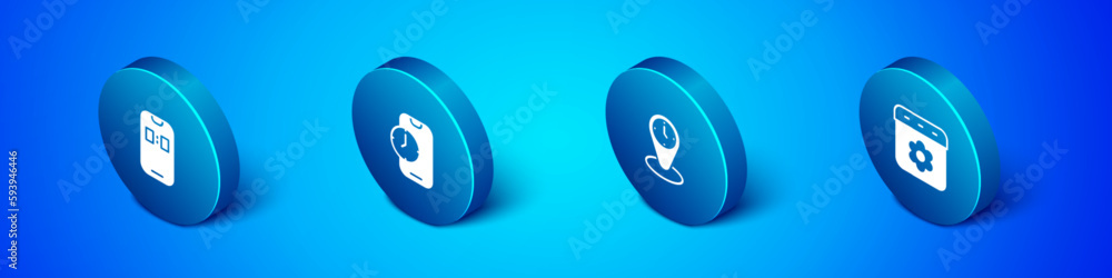 Set Isometric Alarm clock app mobile, Time zone clocks, Calendar spring and icon. Vector Set Isometric Alarm clock app mobile, Time zone clocks, Calendar spring and icon. Vector