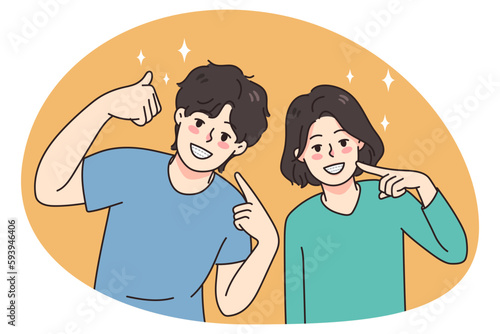 Happy children point at teeth wear braces system for healthy even smile. Teen boy and girl kids recommend bracket for tooth oralcare and treatment. Dental health concept. Vector illustration.