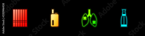 Set Cigarette, Electronic cigarette, Disease lungs and Vape liquid bottle icon. Vector