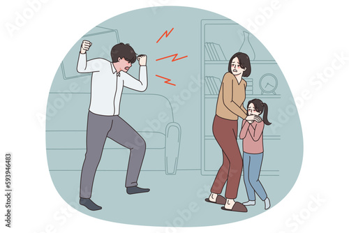 Furious father cream yell at wife and child at home. Scared terrified woman and kid frightened by angry dad shouting. Domestic violence and family problems. Flat vector illustration.