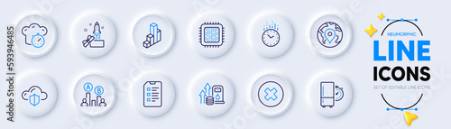 Close button, Cooking timer and Cloud protection line icons for web app. Pack of Ab testing, Cpu processor, Pin pictogram icons. Innovation, Fuel price, Checklist signs. Time. Vector