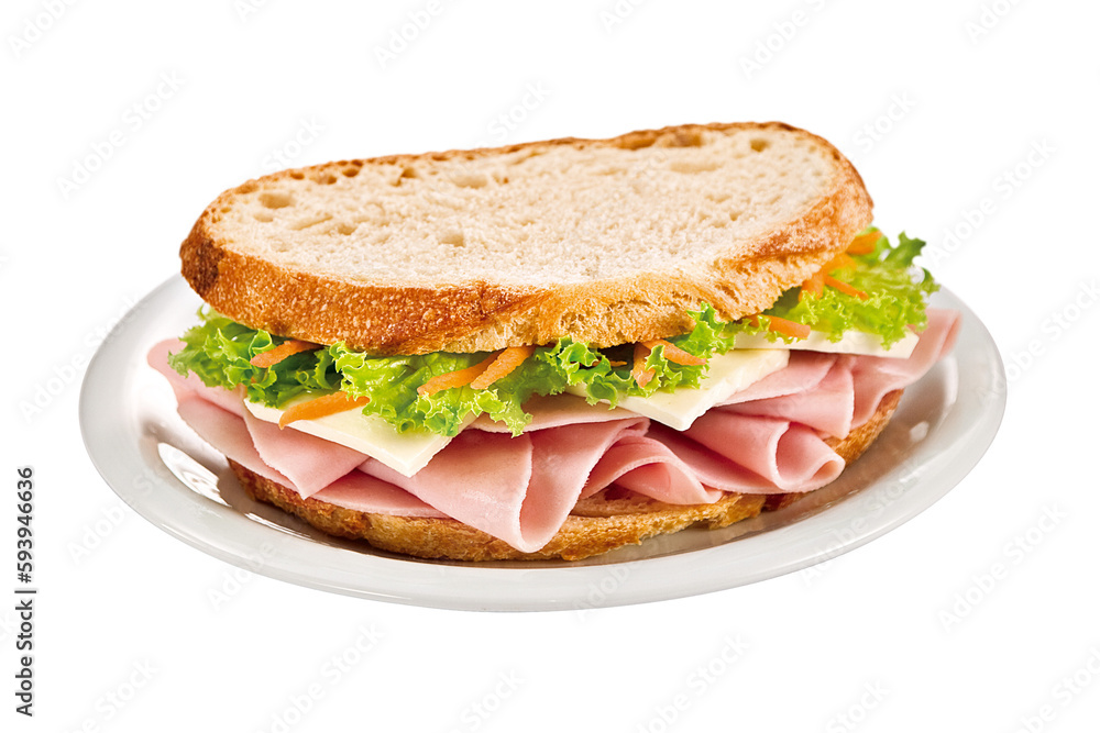 Fototapeta premium Delicioso sanduíche de pão italiano recheado de presunto, queijo, alface e cenoura ralada em fundo transparente - sanduíche natural no pão italiano