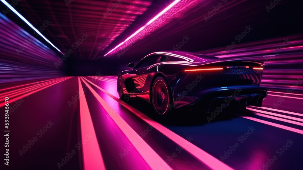 voiture de sport à haute vitesse dans un tunnel éclairé par des néons