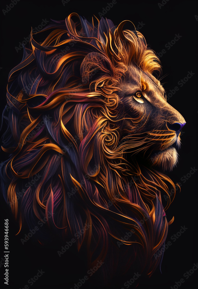 A huge head of a lion with a developing multi-colored mane on a dark background. AI Generated A huge head of a lion with a developing multi-colored mane on a dark background. AI Generated