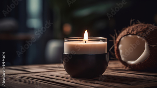 Coconut aroma candle, close-up, home aestetics. AI generated illustration