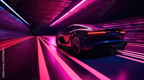 voiture de sport à haute vitesse dans un tunnel éclairé par des néons