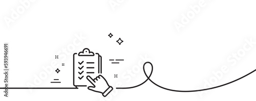 Checklist line icon. Continuous one line with curl. Clipboard document sign. Questioning survey symbol. Checklist single outline ribbon. Loop curve pattern. Vector