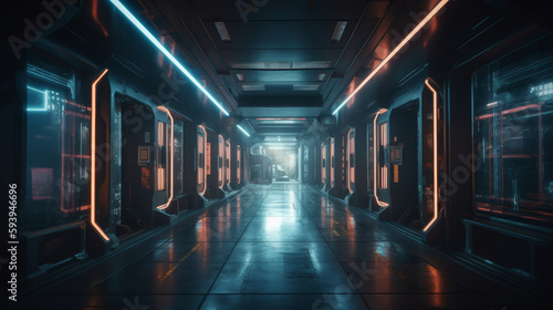 Purple Blue Tunnel Sci Fi Futuristic Virtual Neon Laser Alien Spaceship Lines Glowing Corridor. AI generated