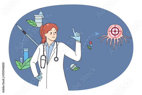 Female doctor or scientist explore cancer cell do research in laboratory. Woman medical specialist work with oncology diagnostic and treatment. Tumor biopsy and chemotherapy. Vector illustration.