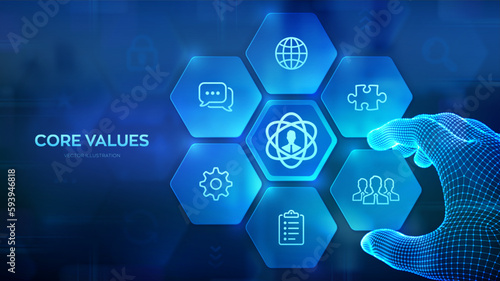 Core Values infographic. Responsibility Ethics Goals Company business concept on virtual screen. Wireframe hand places an element into a composition visualizing Core values. Vector illustration.