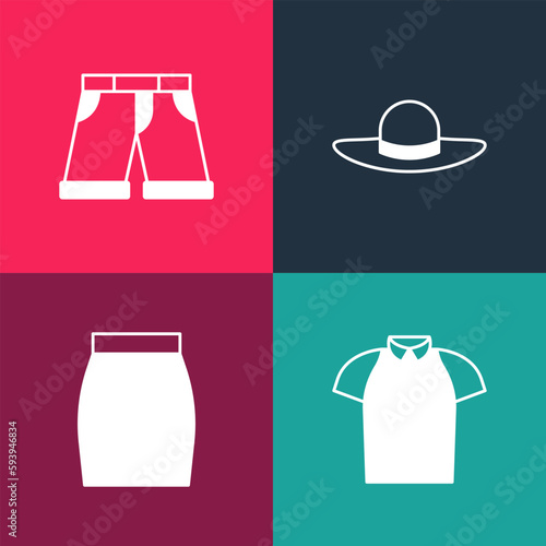 Set pop art Polo shirt, Skirt, Elegant women hat and Short or pants icon. Vector