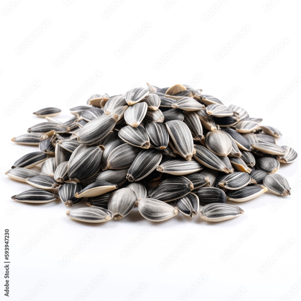 Pile of sunflower organic raw ripe seeds on white background Generative AI Illustration Pile of sunflower organic raw ripe seeds on white background Generative AI Illustration