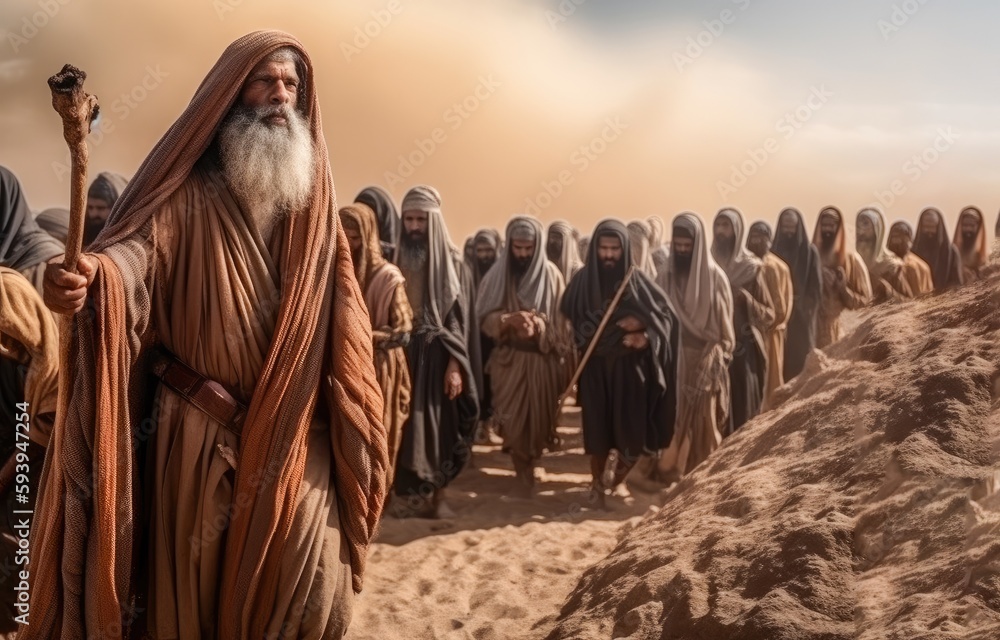 Illustration of Moses with the people of Israel in the desert crossing the Red Sea Generative AI - obrazy, fototapety, plakaty 
