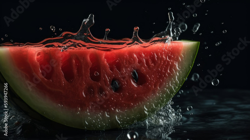 Juicy watermelon with juice splash on dark background. Al generated