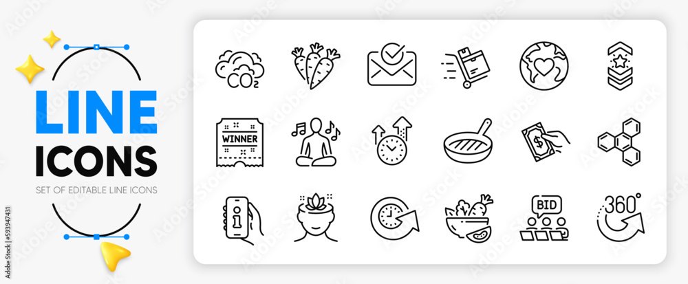 Pay money, Online auction and Approved mail line icons set for app include Yoga mind, Inventory cart, 360 degrees outline thin icon. Support, Yoga music, Chemical formula pictogram icon. Vector