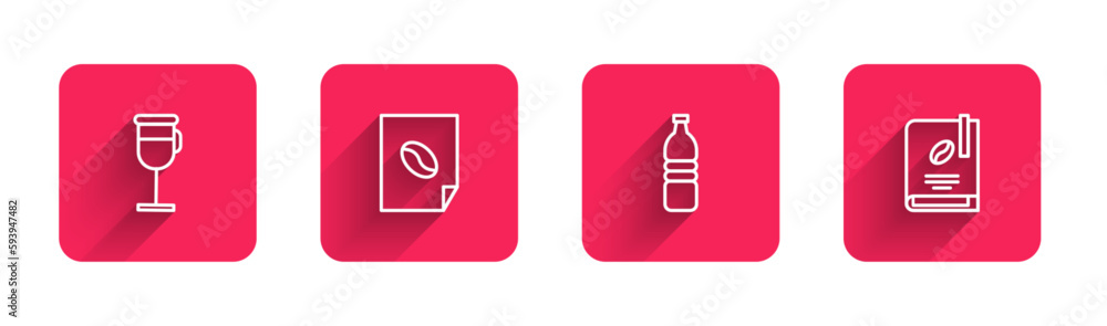 Set line Irish coffee, Coffee poster, Bottle water and book with long shadow. Red square button. Vector Set line Irish coffee, Coffee poster, Bottle water and book with long shadow. Red square button. Vector