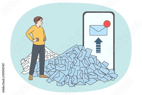 Unhappy male employee look at stack or unread emails think of workload. Man worker consider pile of mails and notifications of smartphone. Overwork and job stress concept. Vector illustration.