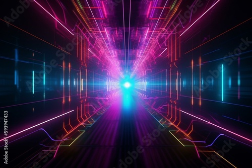 Abstract neon lights into digital technology tunnel. Futuristic technology abstract background with lines for network  big data  data center  server  internet  speed. 3D render. Generative AI