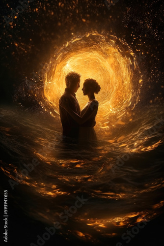 Bride and Groom holding each other in a whirlpool of spiritual golden energy. Generative Ai.