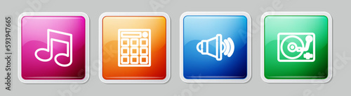Set line Music note, tone, Drum machine, Speaker volume and Vinyl player with vinyl disk. Colorful square button. Vector