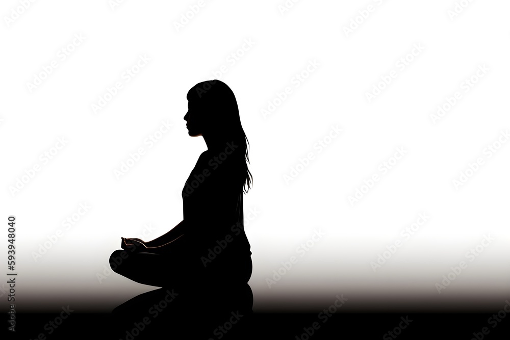 Background of silhouette of a person meditating. Wallpaper illustration. Side view with copy space for text information or content. Concept of meditation, yoga. Generative AI.