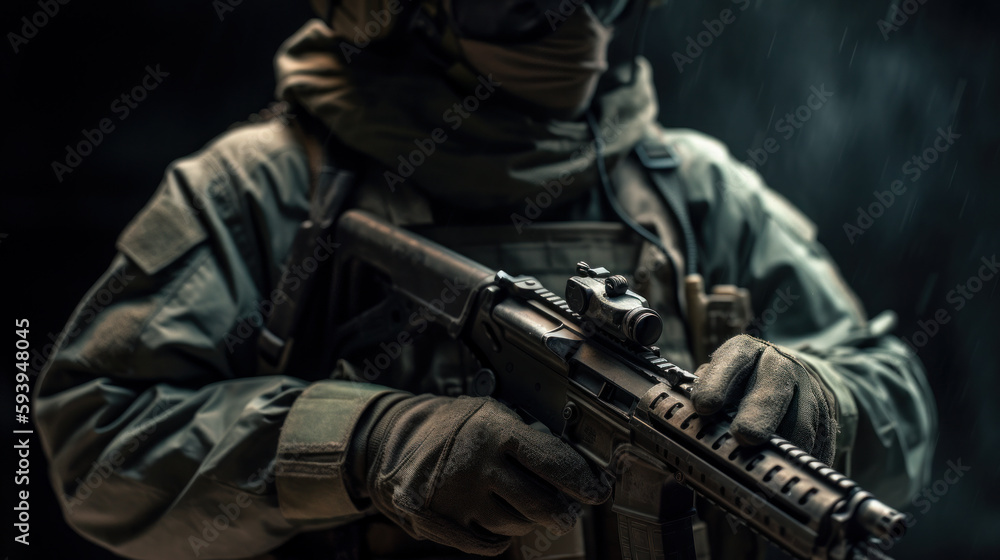 Soldier holding a gun realistic isolated background. Al generated Soldier holding a gun realistic isolated background. Al generated