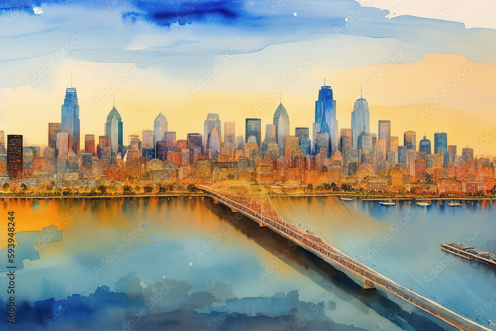 Panorama of Philadelphia skyline,  Bridge, Generative AI.