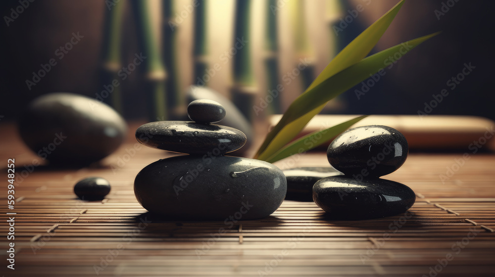 Spa still life with stacked of stone and bamboo leaf. AI generated Spa still life with stacked of stone and bamboo leaf. AI generated