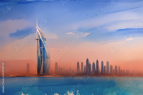 Panorama of dubai at sunset in the evening, Generative AI.