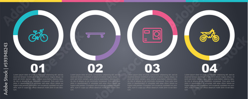 Set line Bicycle, Longboard or skateboard, Action extreme camera and Mountain bike. Business infographic template. Vector