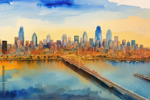 Panorama of Philadelphia skyline,  Bridge, Generative AI.