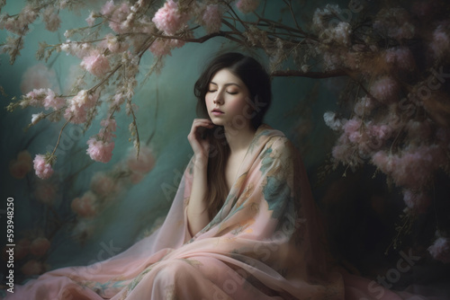 Pastel portrait of a woman in a dusty pink dress with ethereal wherry blossom like flowers. Generative Ai.