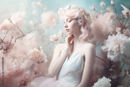 Pastel portrait of a woman in a dusty pink dress with ethereal wherry blossom like flowers. Generative Ai.
