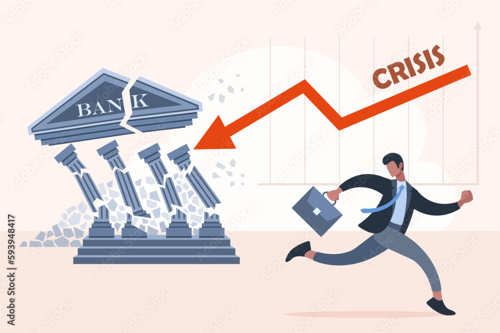 Broken bank, panic, runaway manager. Concept economic financial and banking crisis, bankruptcy. Fall collapse of banks and banking system, crisis management. Flat vector illustration.