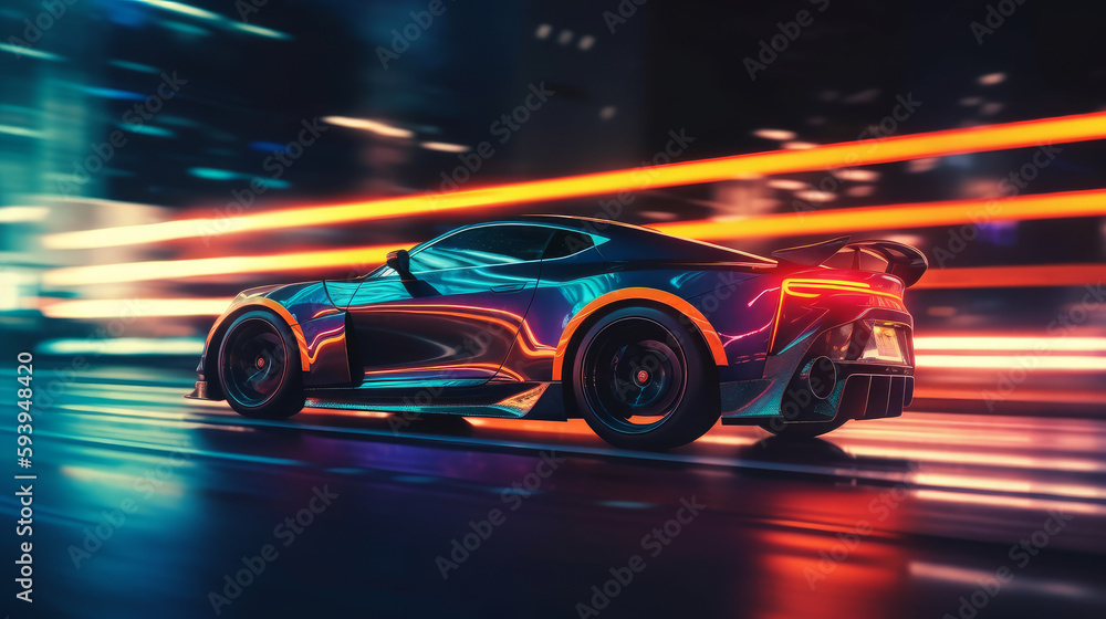 Fast supercar driving at high speed, with stunning neon lights. Motion blur effect speed. AI generated