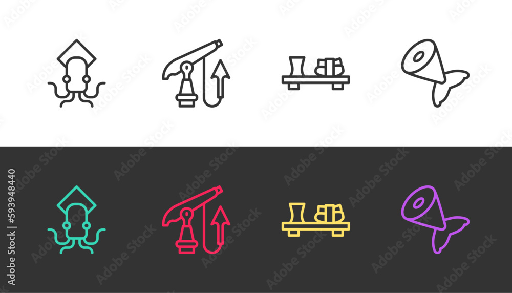 Fototapeta premium Set line Octopus, Fishing harpoon, Sushi cutting board and tail on black and white. Vector