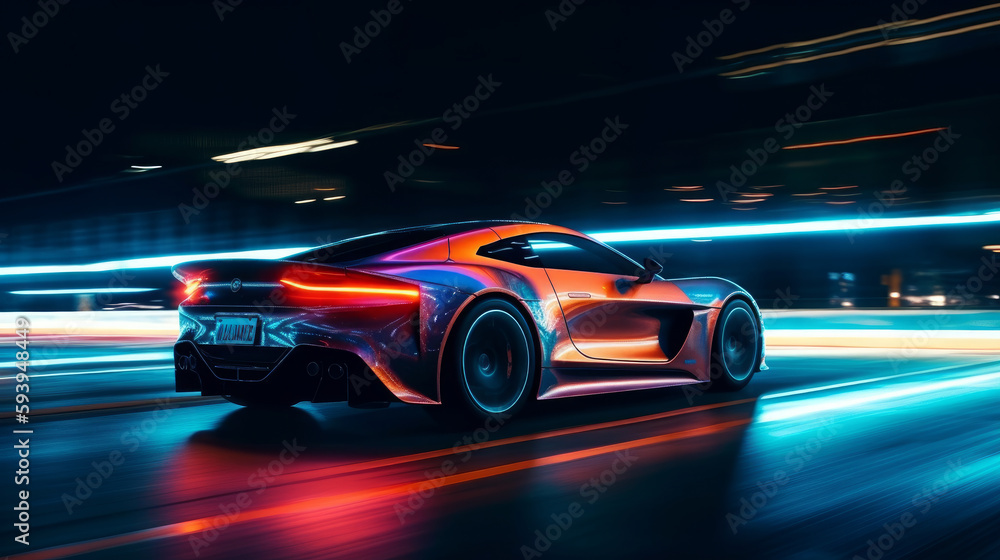 Fast supercar driving at high speed, with stunning neon lights. Motion blur effect speed. AI generated