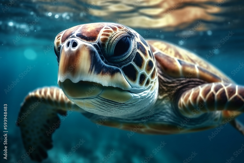 Close Up portrait of happy sea turtle swimming underwater. AI generated. Close Up portrait of happy sea turtle swimming underwater. AI generated.