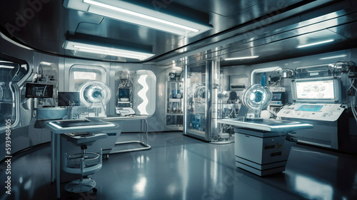A futuristic DNA testing facility with advanced technology and cutting-edge equipment
