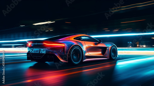 Fast supercar driving at high speed, with stunning neon lights. Motion blur effect speed. AI generated © ArtStage