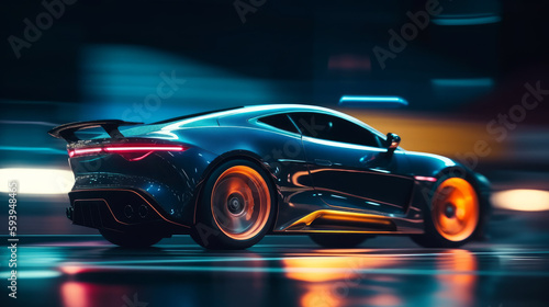 Fast supercar driving at high speed  with stunning neon lights. Motion blur effect speed. AI generated