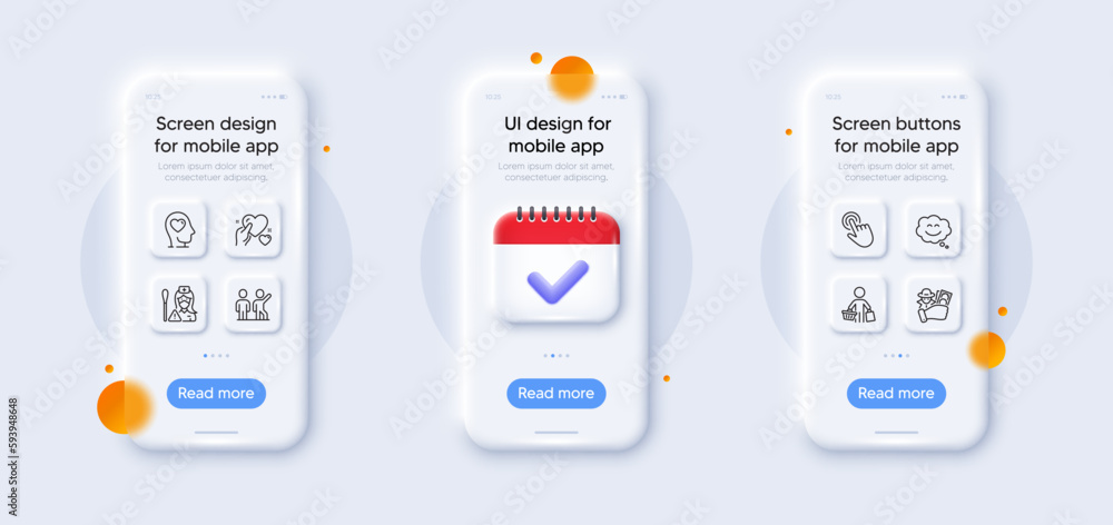 Hold heart, Smile chat and Nurse line icons pack. 3d phone mockups with calendar. Glass smartphone screen. Mental health, Teamwork, Cursor web icon. Buyer, Fraud pictogram. Vector Hold heart, Smile chat and Nurse line icons pack. 3d phone mockups with calendar. Glass smartphone screen. Mental health, Teamwork, Cursor web icon. Buyer, Fraud pictogram. Vector