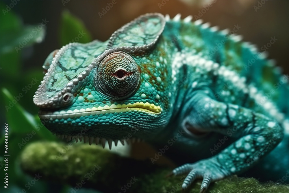 Close up portrait of green chameleon. AI generated. Close up portrait of green chameleon. AI generated.