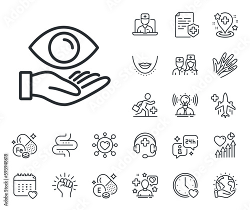 Oculist clinic sign. Online doctor, patient and medicine outline icons. Eye care line icon. Optometry vision symbol. Health eye line sign. Veins, nerves and cosmetic procedure icon. Intestine. Vector