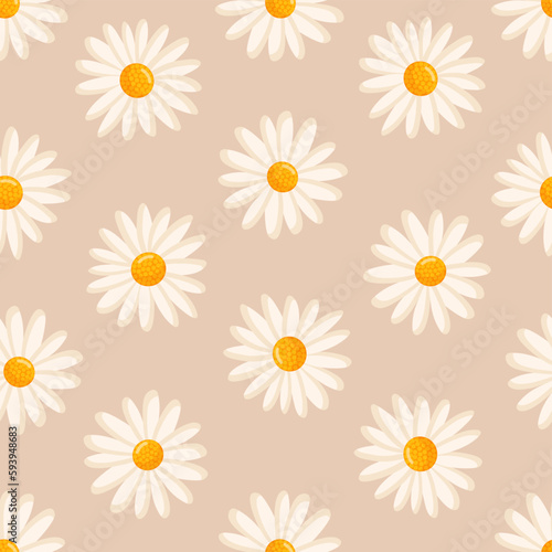 Seamless pattern with blooming daisies. Chamomile vector floral illustration for postcard, poster, fabric, wrapping paper, decor etc. Flowers for spring and summer holidays.