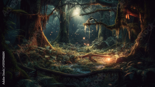 Fantasy magical ethereal woodland forest scene with fairy lights and tall mushrooms. Generative Ai.