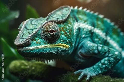 Close up portrait of green chameleon. AI generated.