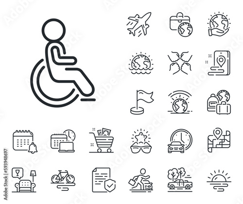 Wheelchair user sign. Plane jet, travel map and baggage claim outline icons. Disability person line icon. Person transportation symbol. Disability line sign. Car rental, taxi transport icon. Vector