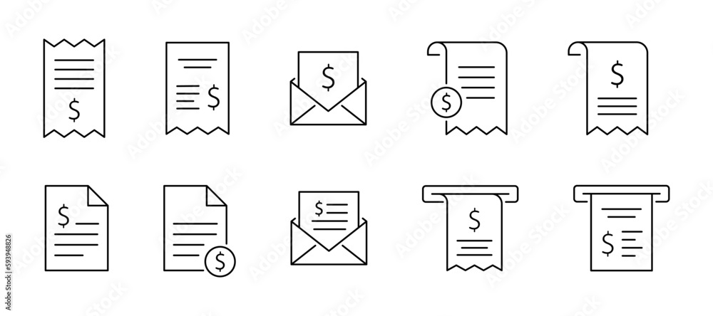 Receipt icon. Bill, receipt icons collection. Invoice or bill line icons Receipt icon. Bill, receipt icons collection. Invoice or bill line icons